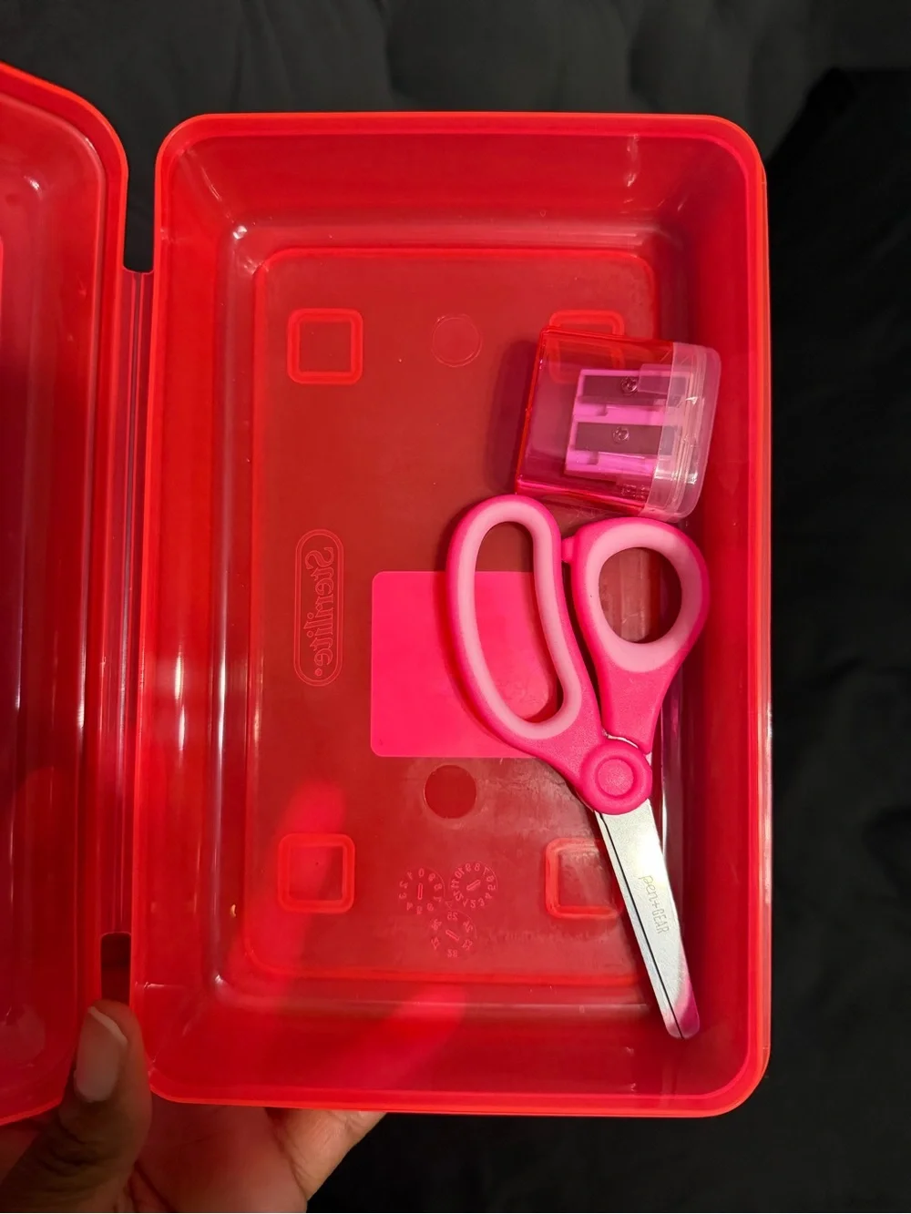 Pink Plastic Pencil Case with Pink Scissors and Sharpener